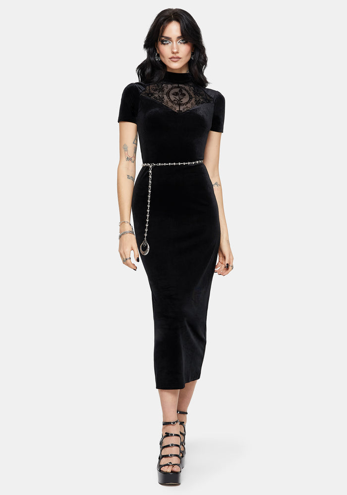 Cameo High Neck Flocked Mesh Insert Midi Dress