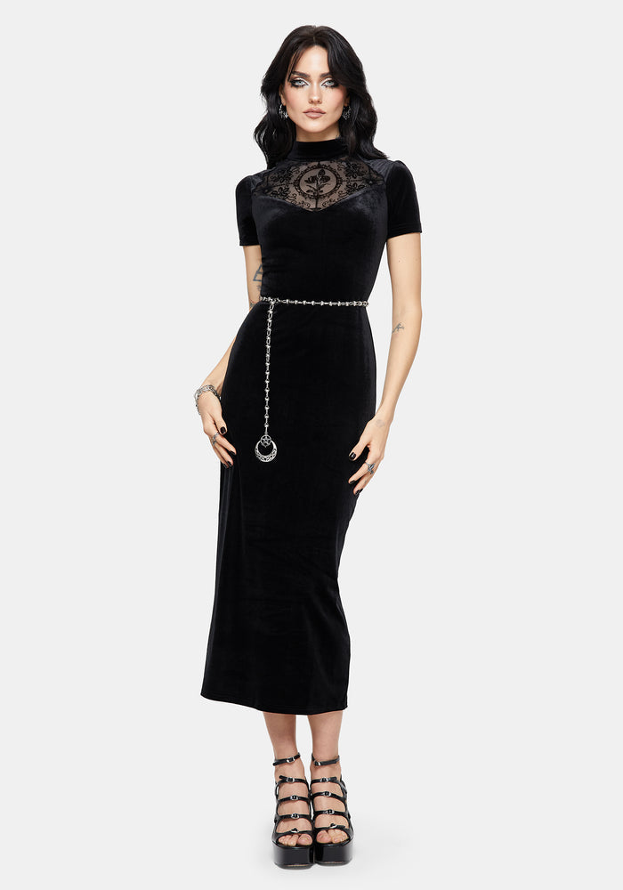 Cameo High Neck Flocked Mesh Insert Midi Dress
