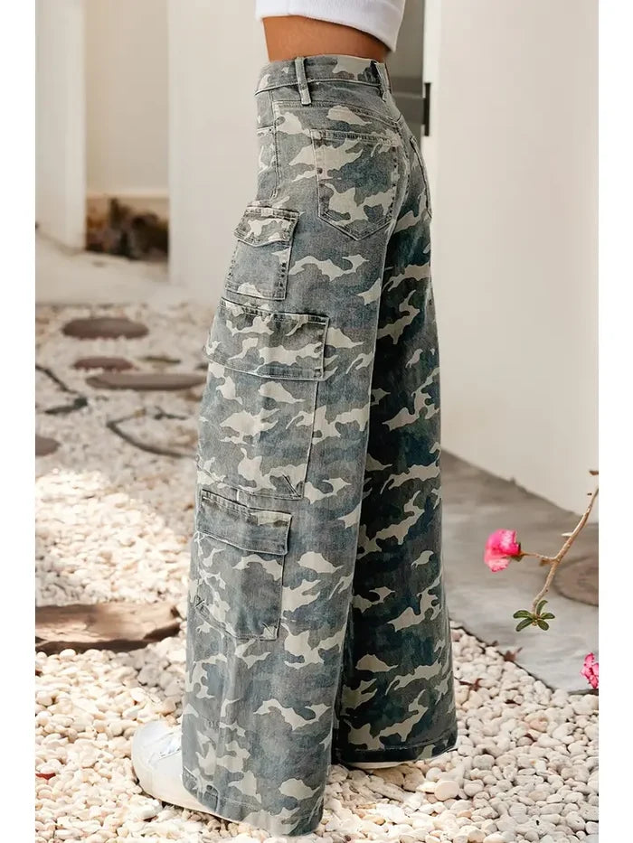 Camo Denim Cargo Wide Leg Pants