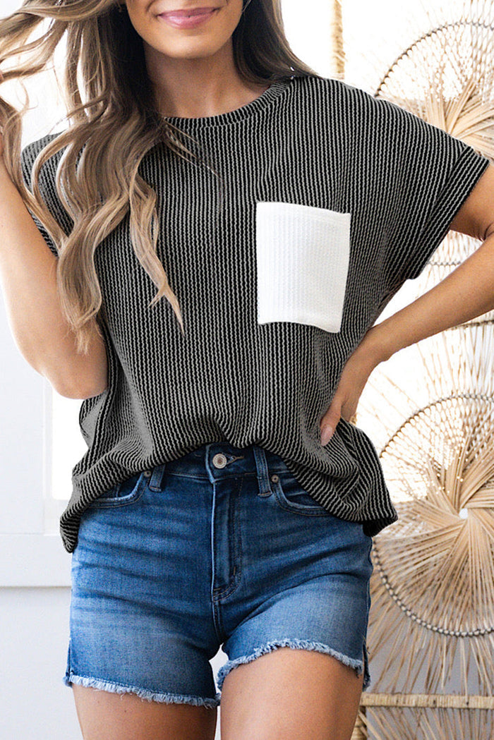Carbon Grey Ribbed Knit Colour Block Pocketed Crew Neck T Shirt - S / 75% Polyester + 20% Viscose + 5% Elastane