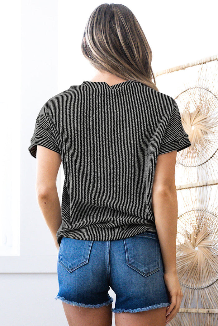 Carbon Grey Ribbed Knit Colour Block Pocketed Crew Neck T Shirt - Tops/Tops & Tees