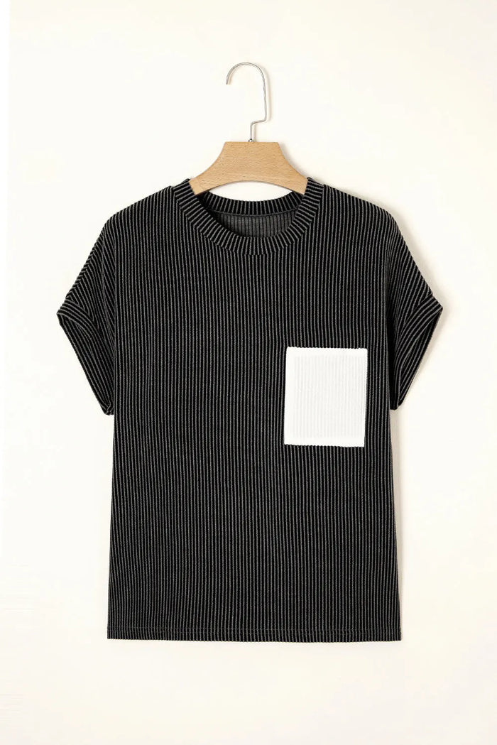 Carbon Grey Ribbed Knit Colour Block Pocketed Crew Neck T Shirt - Tops/Tops & Tees
