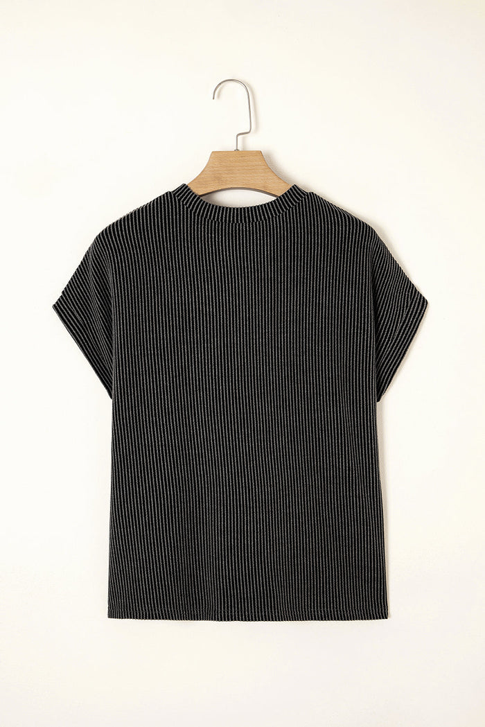 Carbon Grey Ribbed Knit Colour Block Pocketed Crew Neck T Shirt - Tops/Tops & Tees