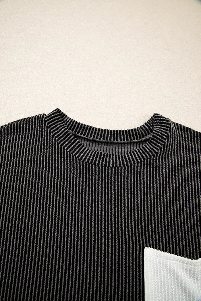 Carbon Grey Ribbed Knit Colour Block Pocketed Crew Neck T Shirt - Tops/Tops & Tees