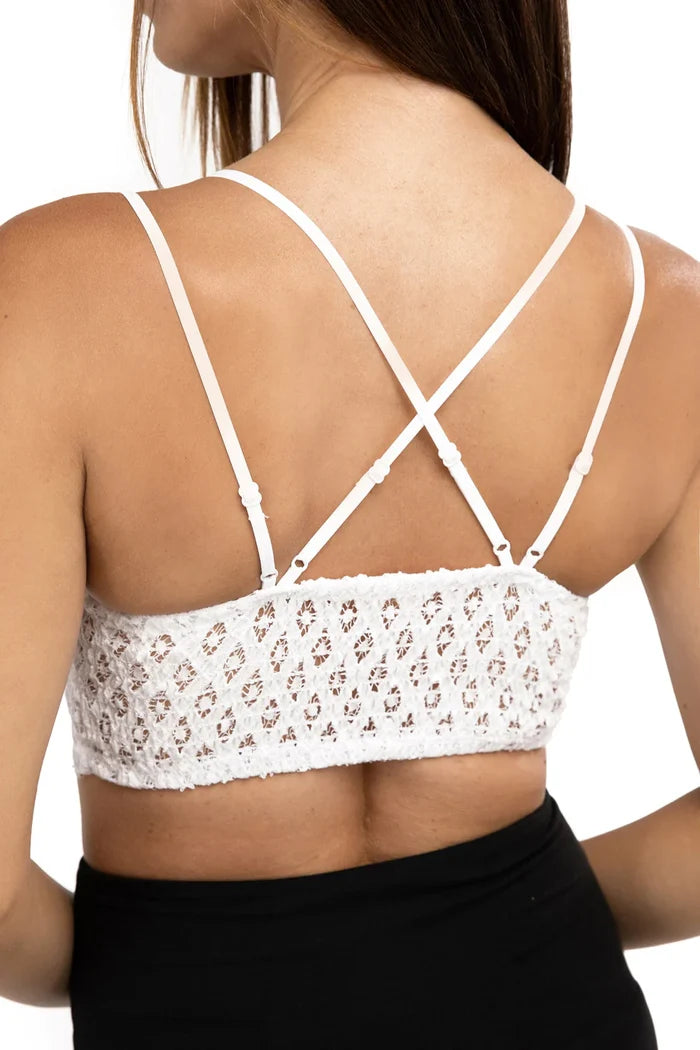 back of white lace bralette
