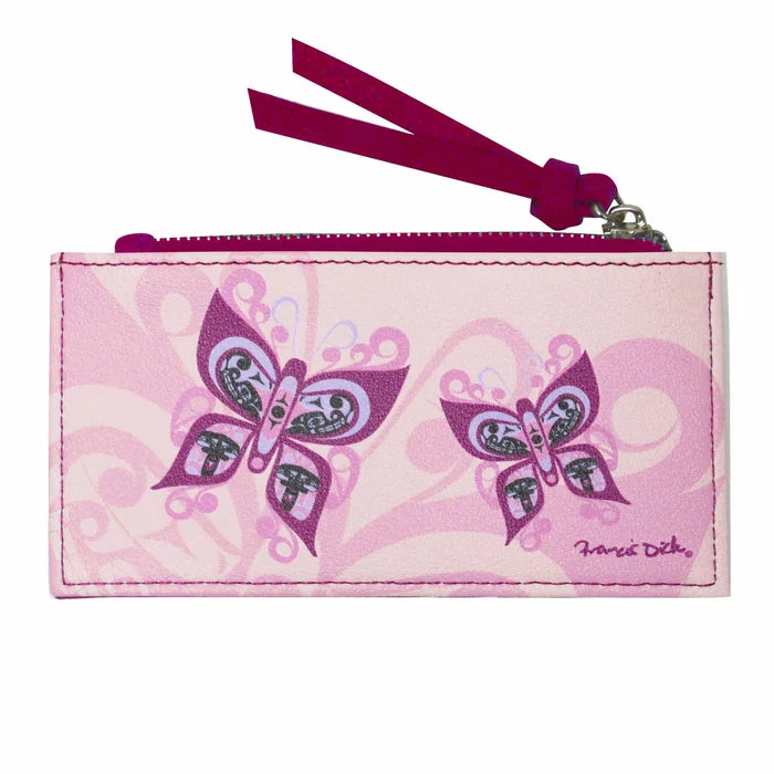 Pink wallet with butterfly design and purple strap on a white background