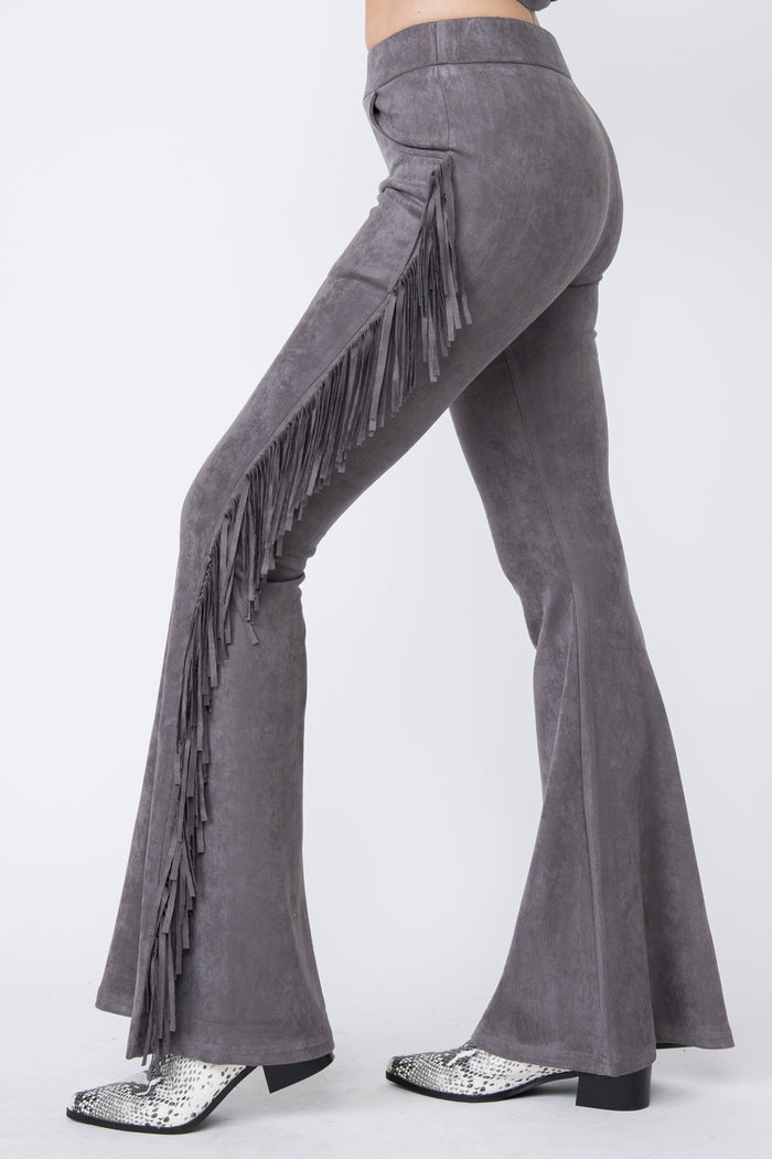 Charcoal suede-look flared pants with side fringe detailing down the legs.