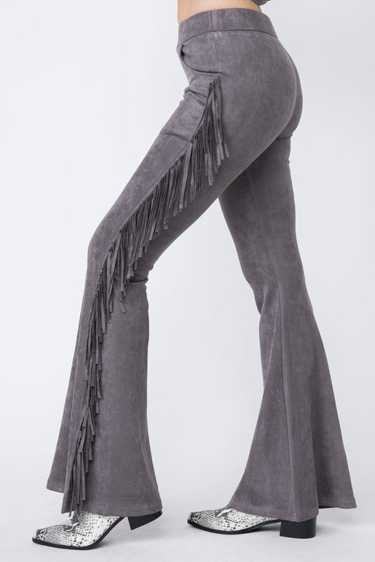 Charcoal suede-look flared pants with side fringe detailing down the legs.