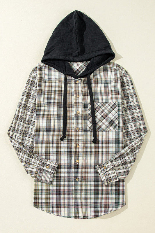 Checkered Print Loose Fit Buttoned Hoodie Shacket - Outerwear/Plaid Shackets