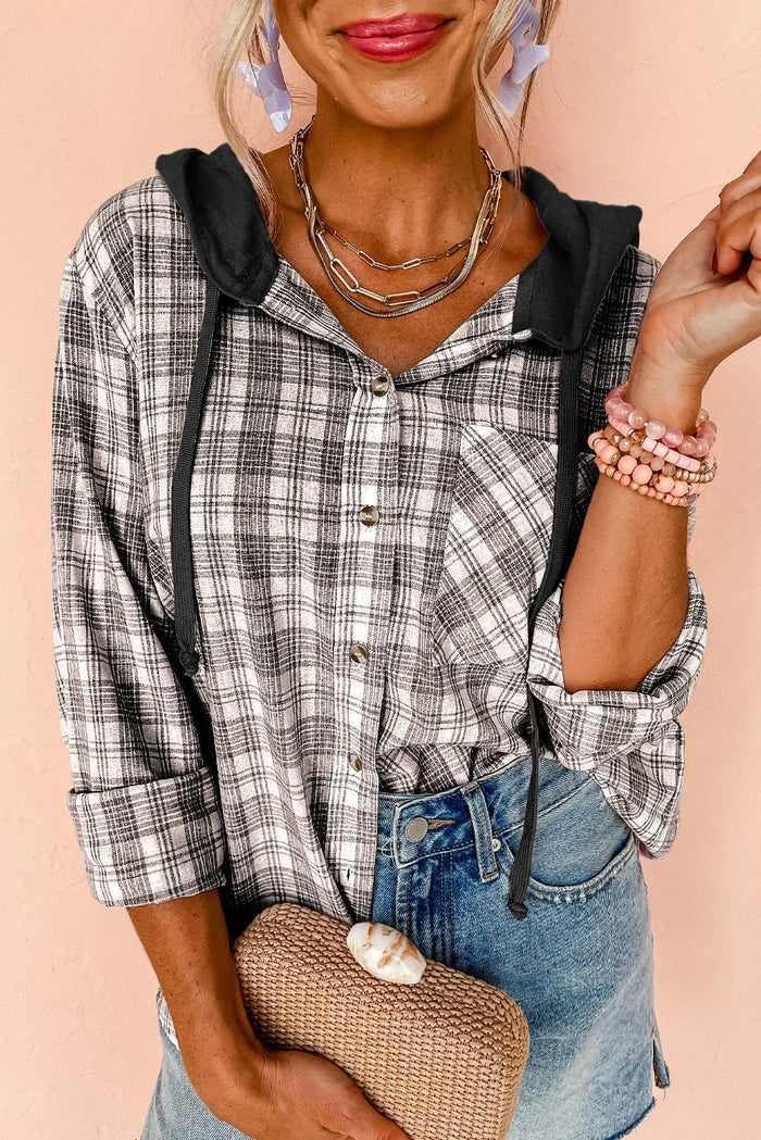 Checkered Print Loose Fit Buttoned Hoodie Shacket - Black / S - Outerwear/Plaid Shackets