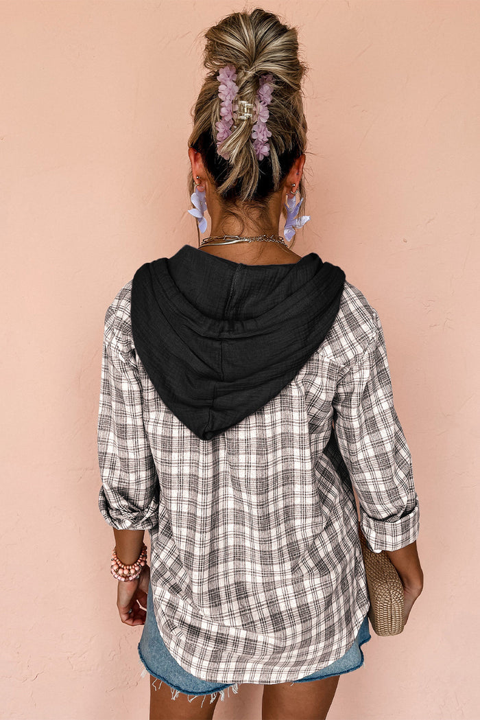 Checkered Print Loose Fit Buttoned Hoodie Shacket - Outerwear/Plaid Shackets