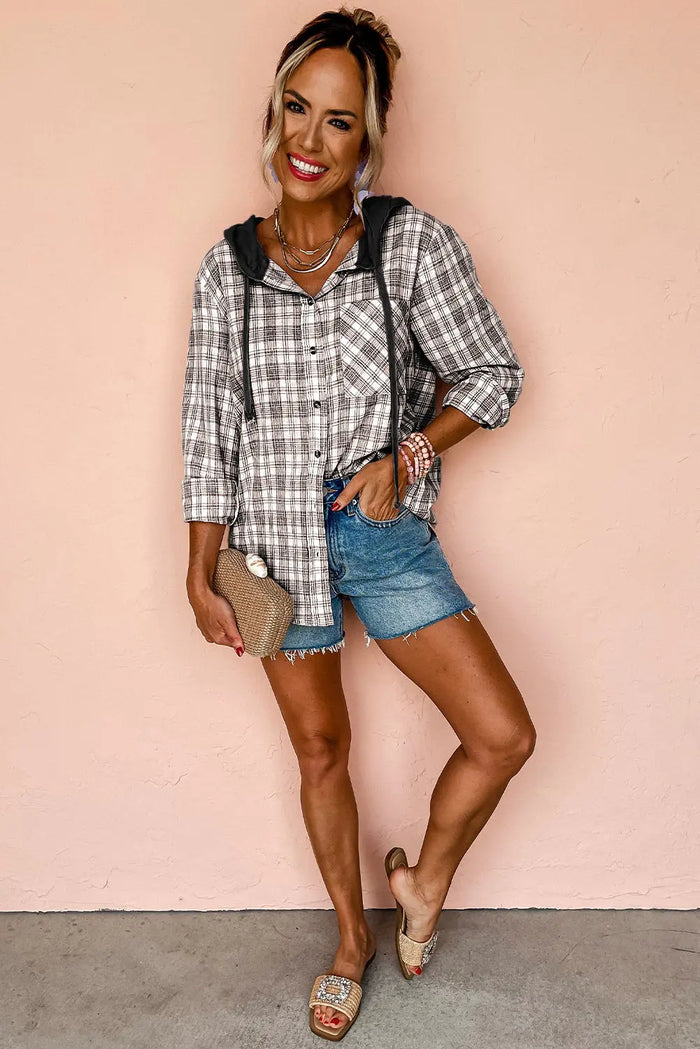 Checkered Print Loose Fit Buttoned Hoodie Shacket - Outerwear/Plaid Shackets
