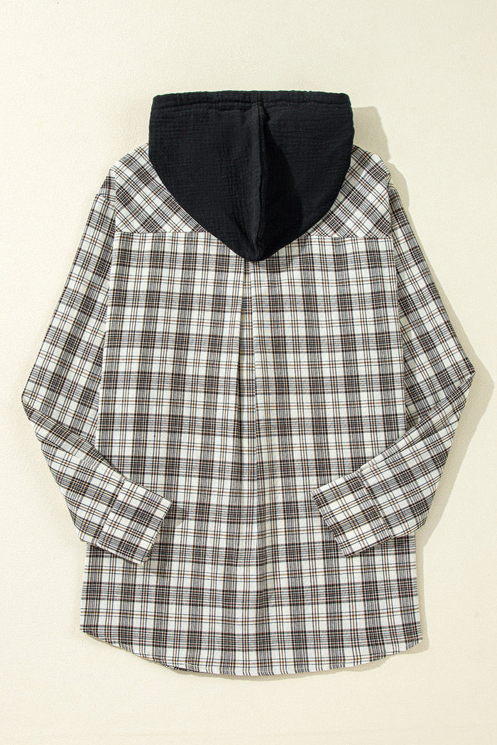 Checkered Print Loose Fit Buttoned Hoodie Shacket - Outerwear/Plaid Shackets