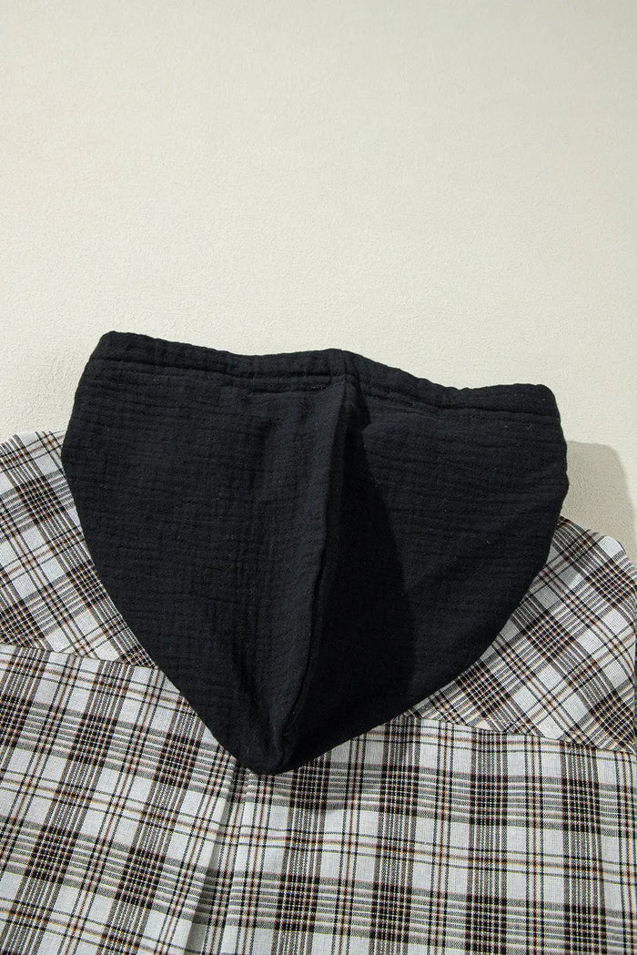 Checkered Print Loose Fit Buttoned Hoodie Shacket - Outerwear/Plaid Shackets