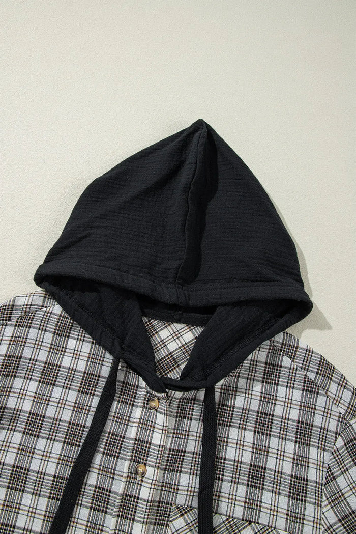 Checkered Print Loose Fit Buttoned Hoodie Shacket - Outerwear/Plaid Shackets