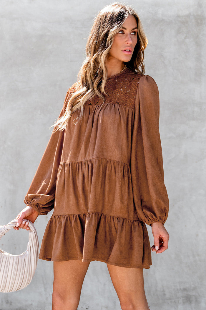Chestnut Floral Lace Crochet Tiered Ruffled Mini Dress - Dresses/Mini Dresses