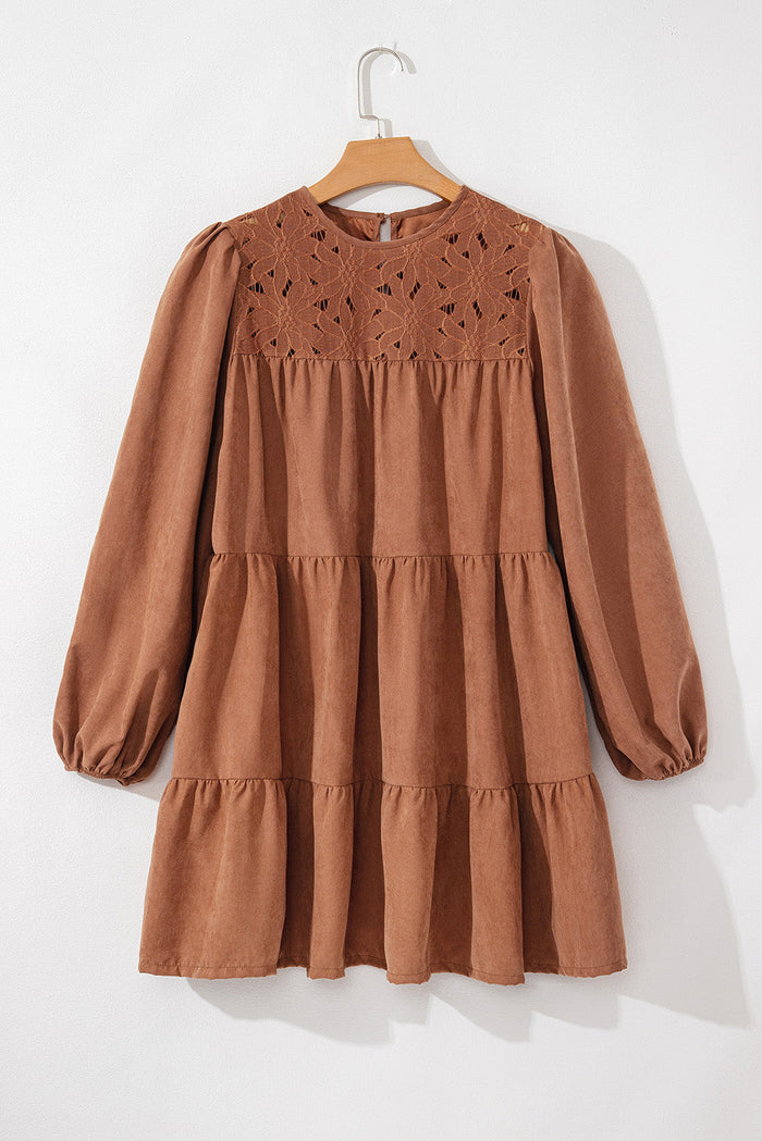Chestnut Floral Lace Crochet Tiered Ruffled Mini Dress - Dresses/Mini Dresses