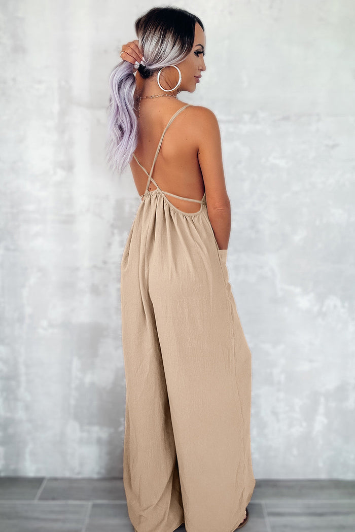 Chestnut Spaghetti Straps Waist Tie Wide Leg Jumpsuit with Pockets - Bottoms/Jumpsuits & Rompers