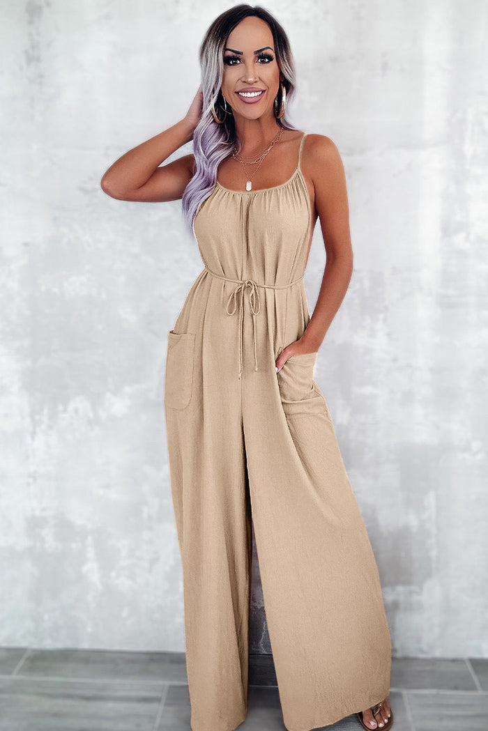 Chestnut Spaghetti Straps Waist Tie Wide Leg Jumpsuit with Pockets - Bottoms/Jumpsuits & Rompers