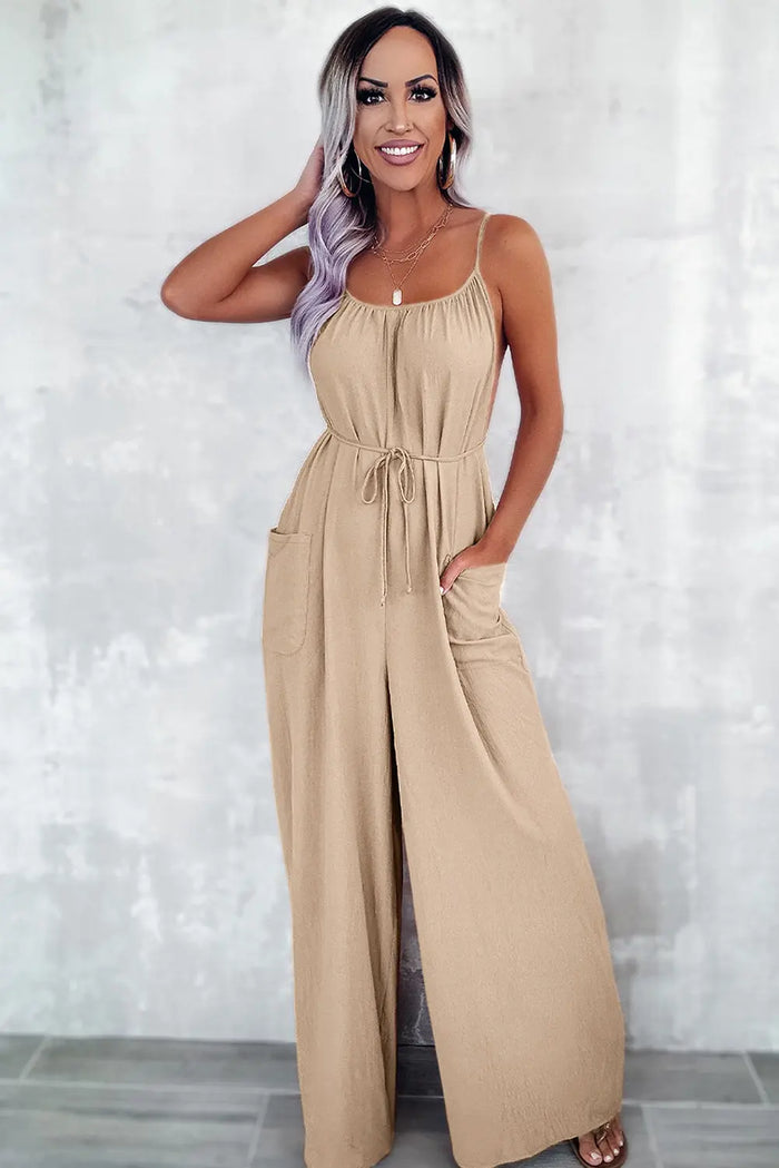 Chestnut Spaghetti Straps Waist Tie Wide Leg Jumpsuit with Pockets - Bottoms/Jumpsuits & Rompers