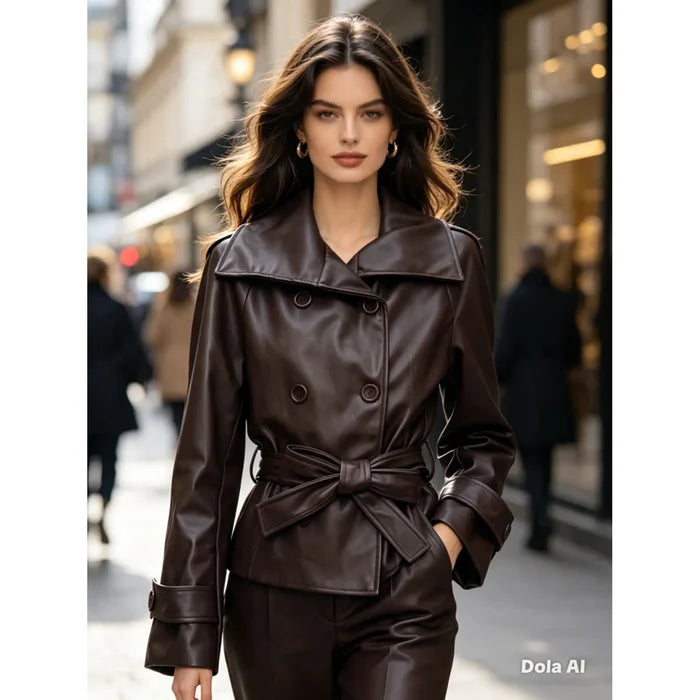 Chocolate Faux Leather Belted Jacket - Born To Glam