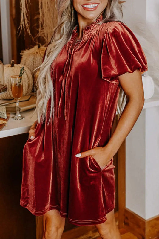 Cinnamon Velvet Smocked Neckline Puff Sleeve Shift Mini Dress - CINNAMON / S / 95% POLYESTER + 5% ELASTANE