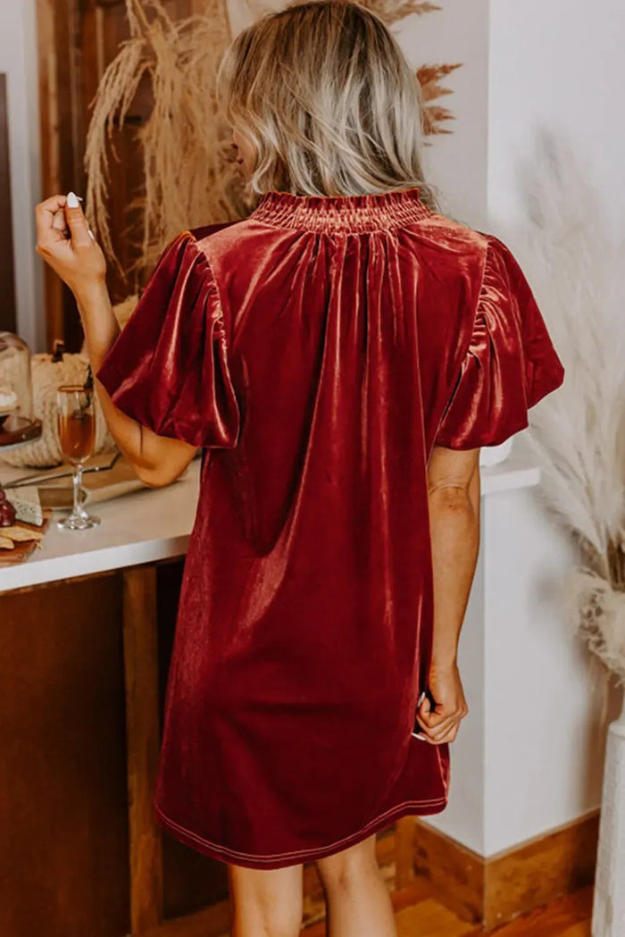 Cinnamon Velvet Smocked Neckline Puff Sleeve Shift Mini Dress - Dresses/Mini Dresses