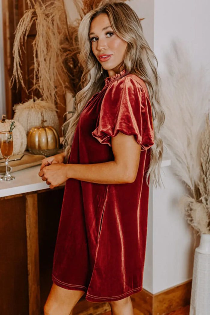 Cinnamon Velvet Smocked Neckline Puff Sleeve Shift Mini Dress - Dresses/Mini Dresses