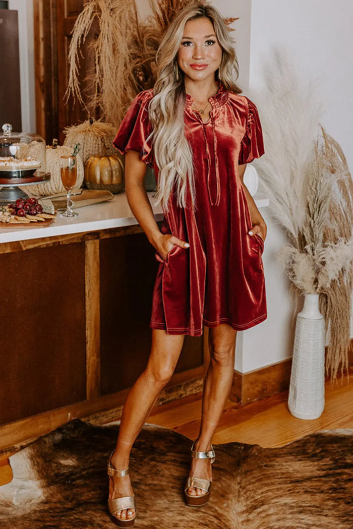 Cinnamon Velvet Smocked Neckline Puff Sleeve Shift Mini Dress - Dresses/Mini Dresses