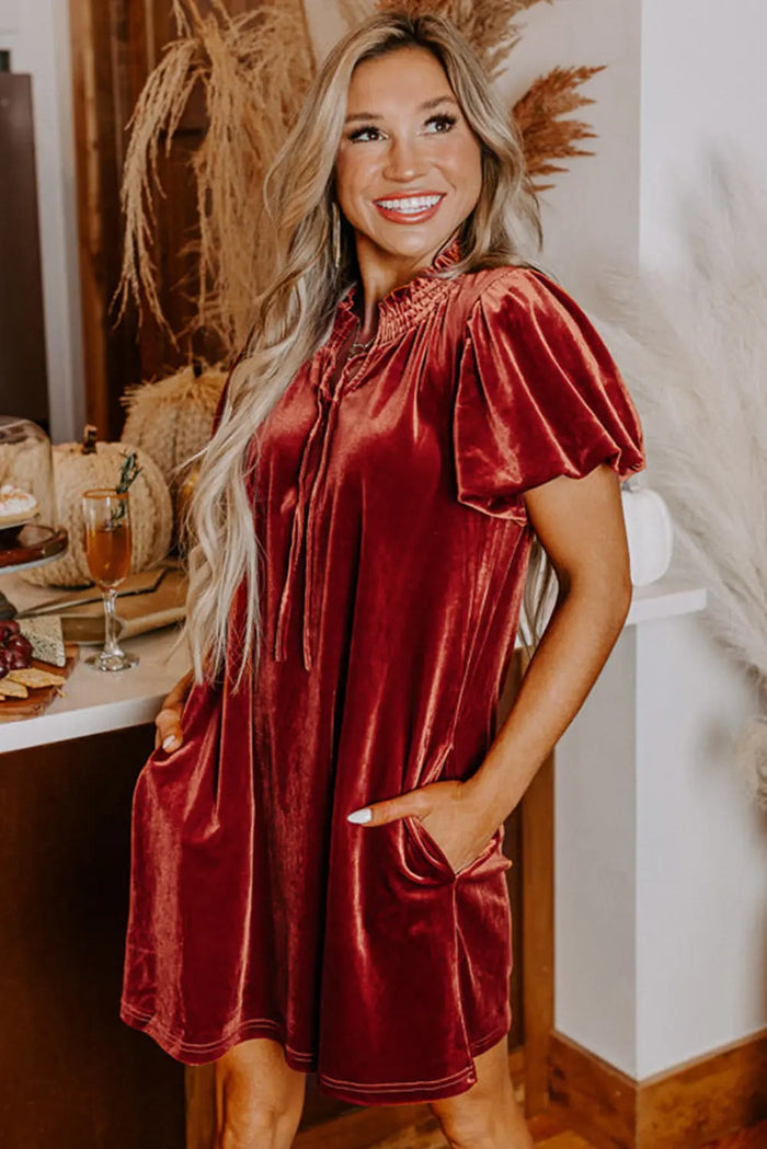 Cinnamon Velvet Smocked Neckline Puff Sleeve Shift Mini Dress - Dresses/Mini Dresses