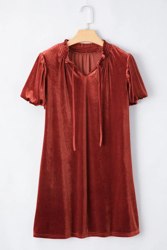 Cinnamon Velvet Smocked Neckline Puff Sleeve Shift Mini Dress - Dresses/Mini Dresses