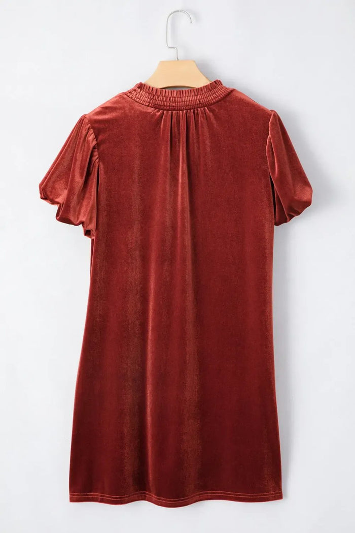 Cinnamon Velvet Smocked Neckline Puff Sleeve Shift Mini Dress - Dresses/Mini Dresses