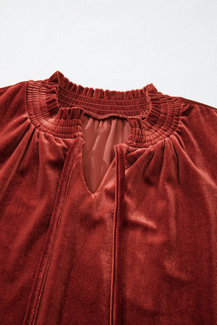 Cinnamon Velvet Smocked Neckline Puff Sleeve Shift Mini Dress - Dresses/Mini Dresses