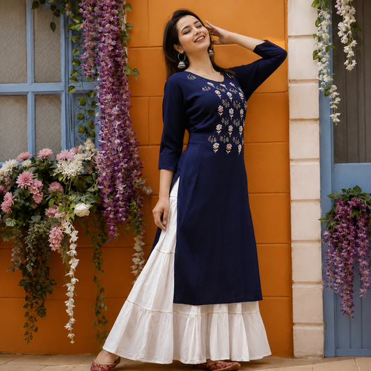 Blue Kurta Set with  White Sharara