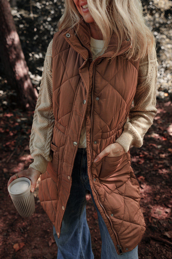 Coffee Longline Quilted Stand Collar Puffer Vest - COFFEE / S / 100% POLYESTER - Outerwear/Vests