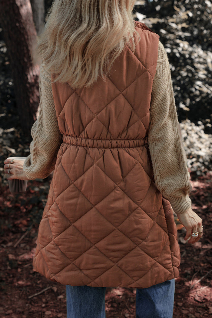 Coffee Longline Quilted Stand Collar Puffer Vest - Outerwear/Vests