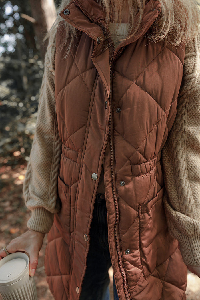 Coffee Longline Quilted Stand Collar Puffer Vest - Outerwear/Vests