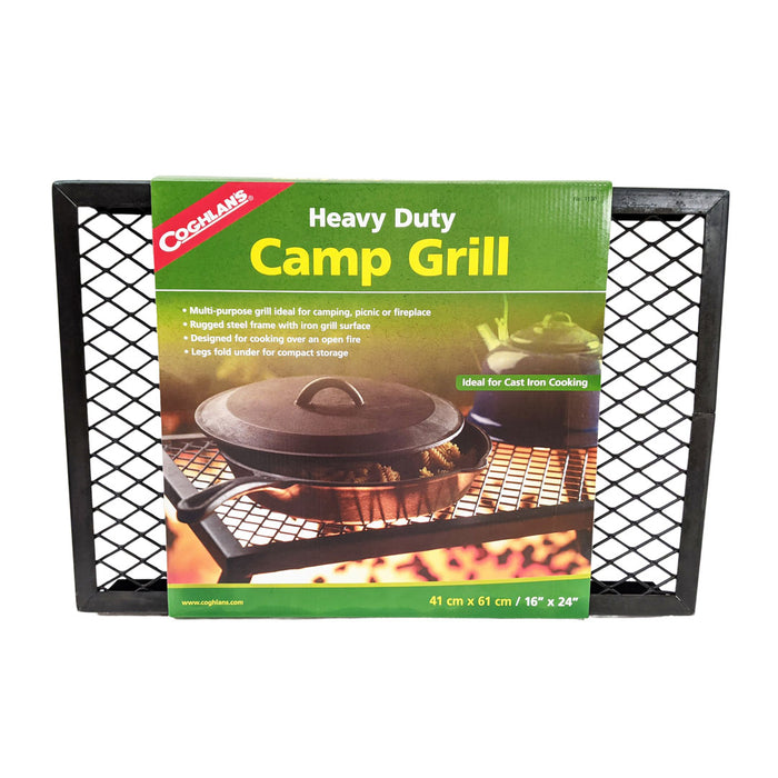 Coghlans heavy duty camp fire grill shown with its packaging