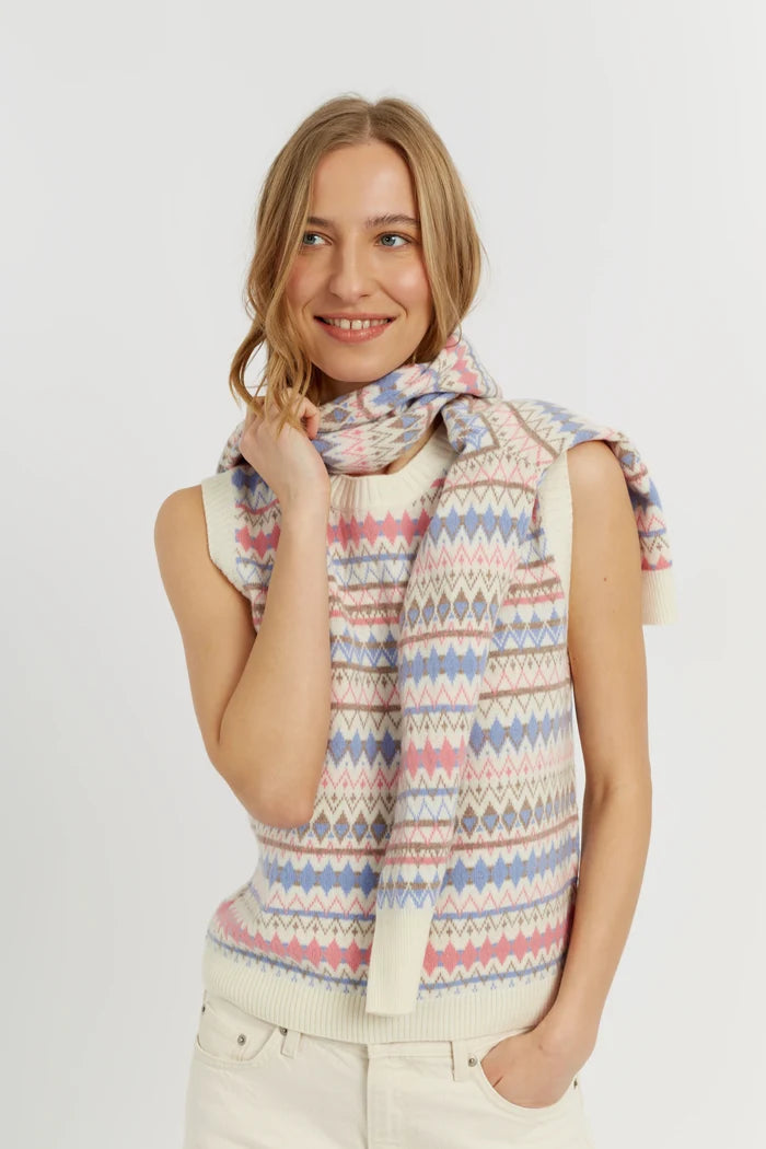 Cream Wool-Cashmere Fair Isle V-neck Tank