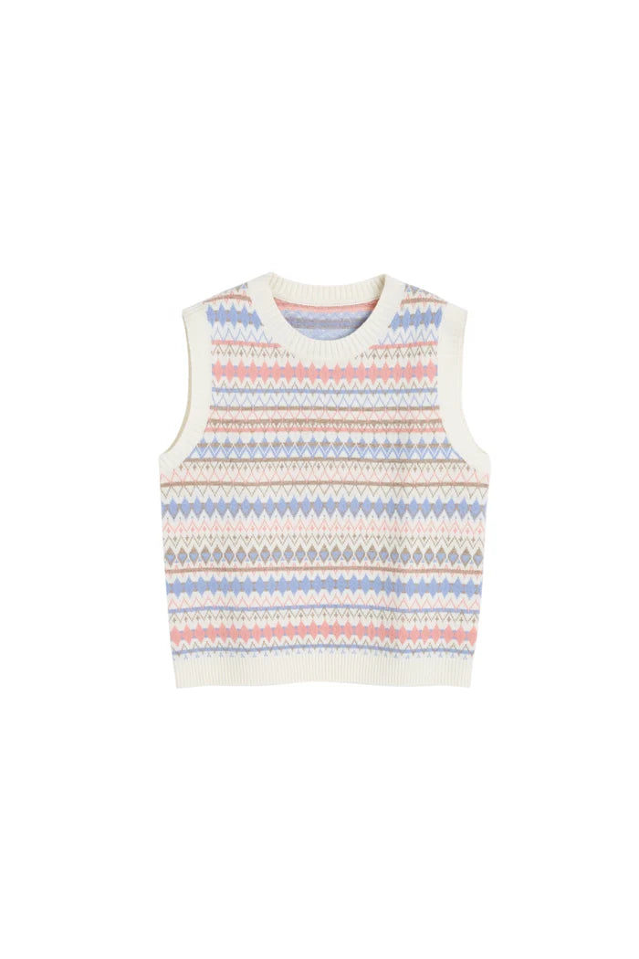 Cream Wool-Cashmere Fair Isle V-neck Tank