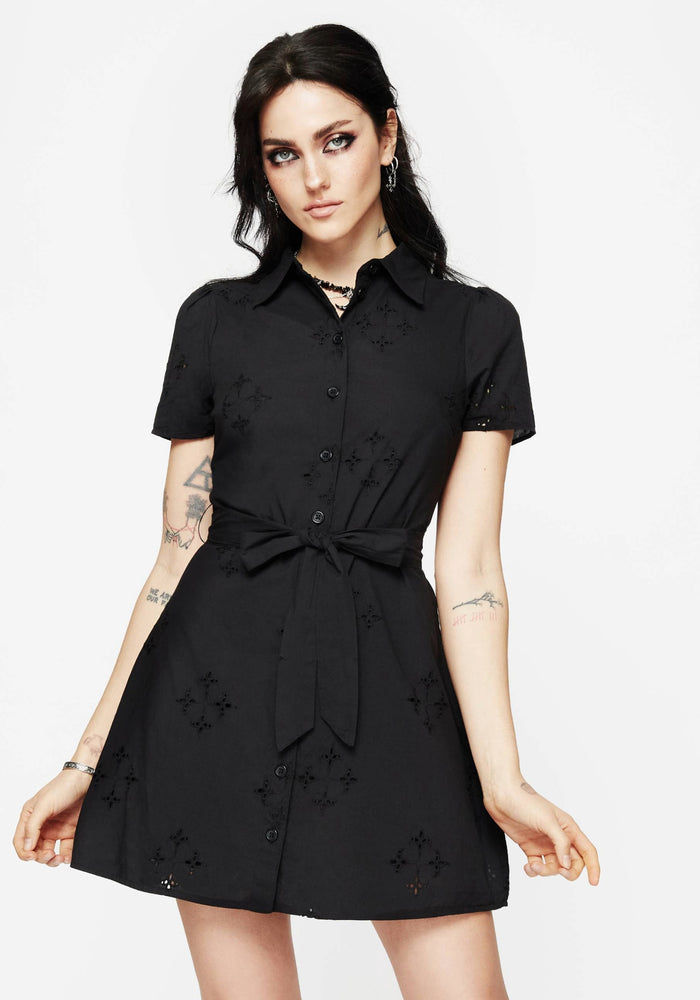 Crux Broderie Cotton Belted Mini Shirt Dress