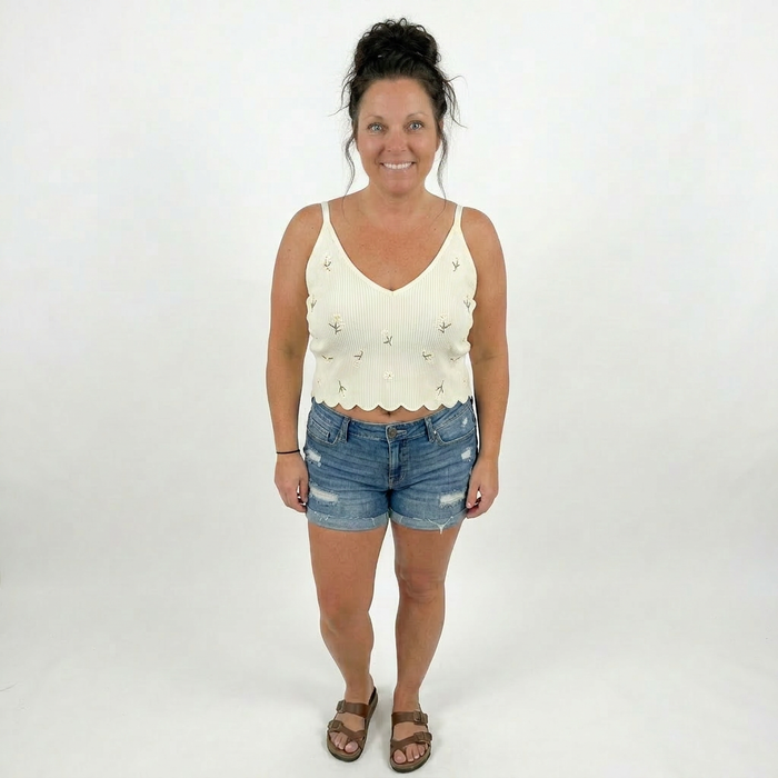 Daisy Embroidered Ribbed Lettuce Edge Brami – alternate view 2