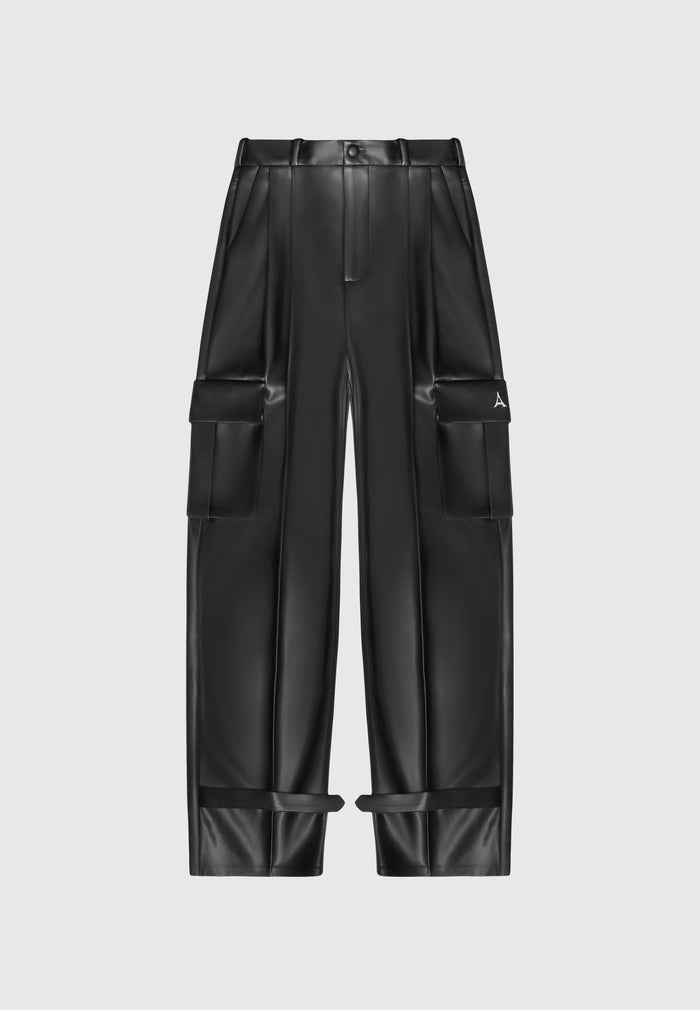 vegan-leather-pleated-cargo-trousers-black