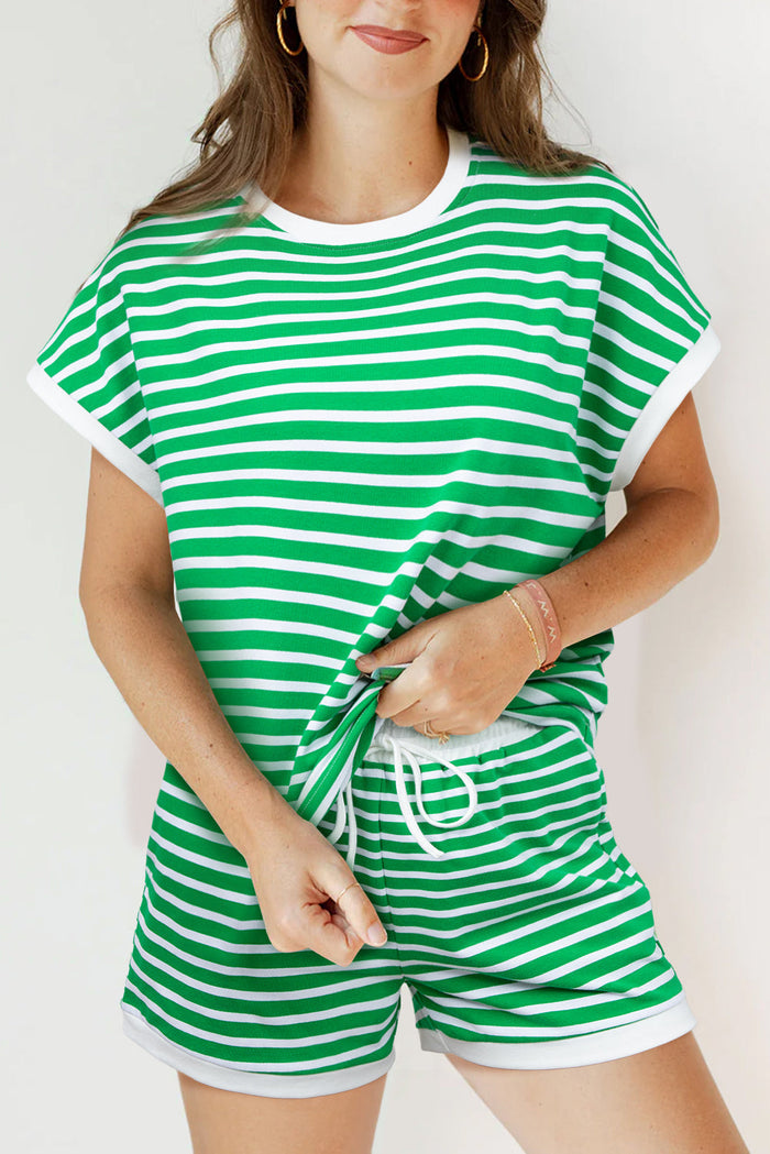 Dark Green Striped Cap Sleeve Tee and Shorts Set - S / 95% Cotton + 5% Elastane - Two Piece Sets/Short Sets