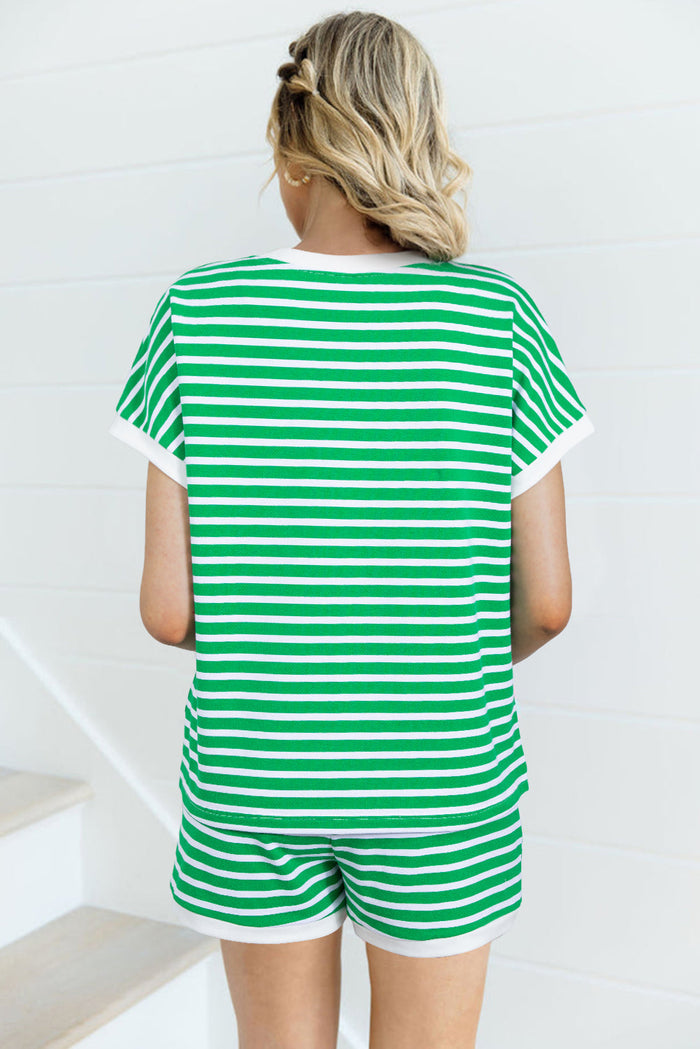 Dark Green Striped Cap Sleeve Tee and Shorts Set - Two Piece Sets/Short Sets