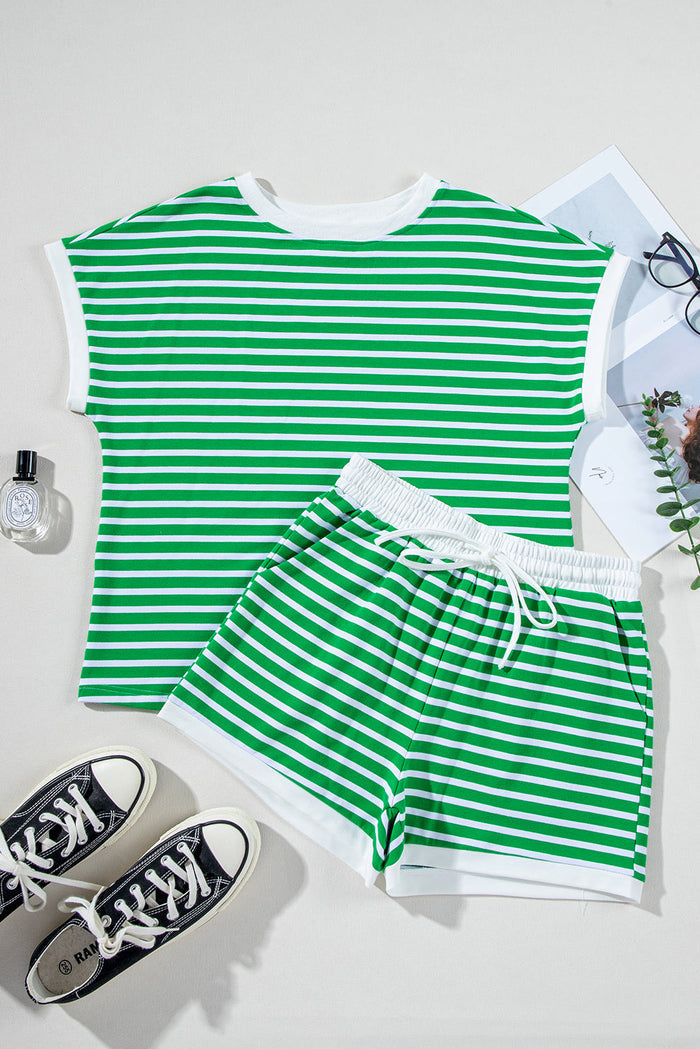 Dark Green Striped Cap Sleeve Tee and Shorts Set - Two Piece Sets/Short Sets