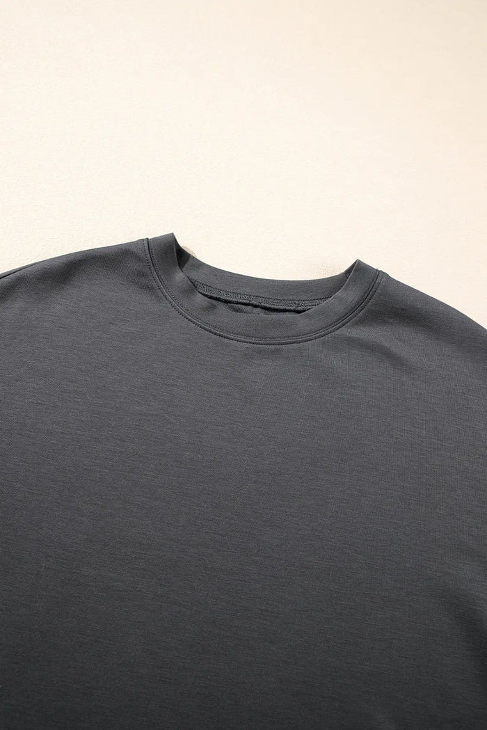 Dark Grey Drawstring Side Crewneck Tee and Loose Trousers Set - Two Piece Sets/Pant Sets