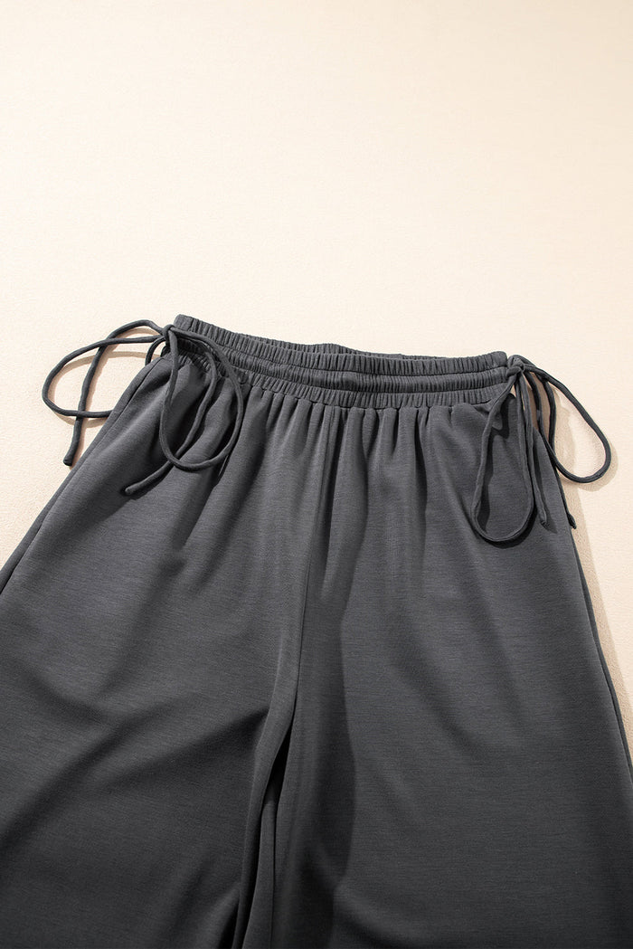 Dark Grey Drawstring Side Crewneck Tee and Loose Trousers Set - Two Piece Sets/Pant Sets
