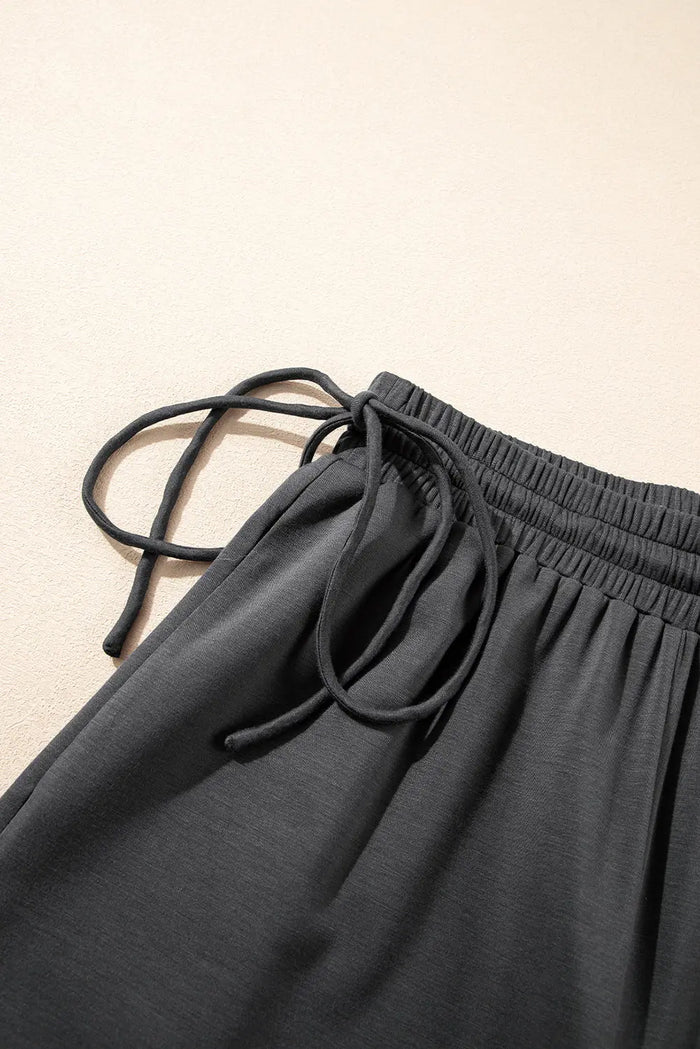 Dark Grey Drawstring Side Crewneck Tee and Loose Trousers Set - Two Piece Sets/Pant Sets
