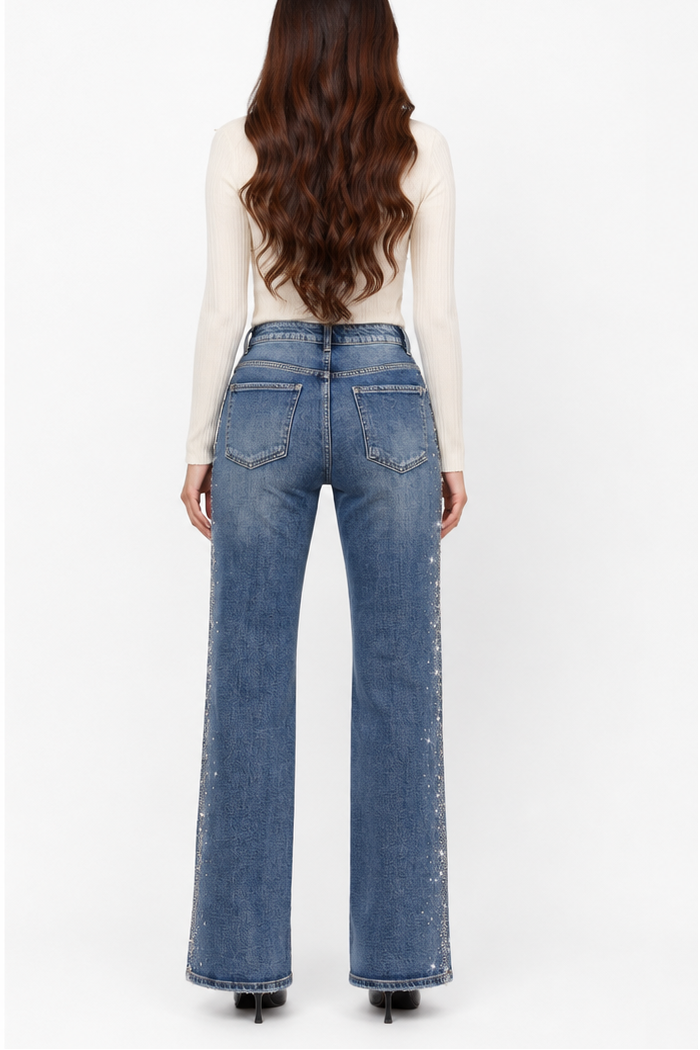 Denim Crystal Embellished Straight Leg Jeans - Born To Glam